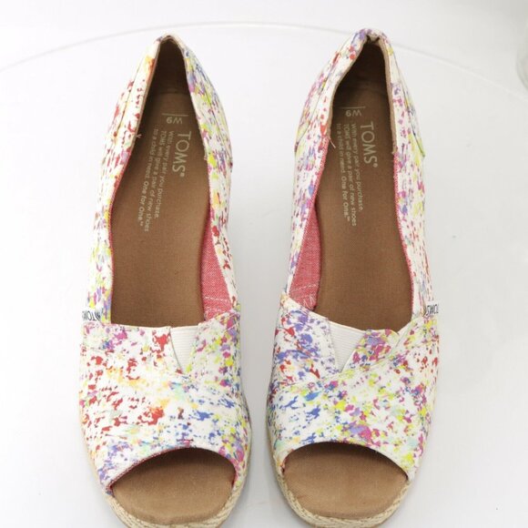 TOMS Womens Bernardo Pump Size 9 White Red Splash Canvas Open Toe Wedge Heel - Picture 4 of 12